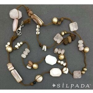 Silpada 925 Sterling Silver Rose Quartz Pearl Corded Long Necklace 32" Vtg N1428
